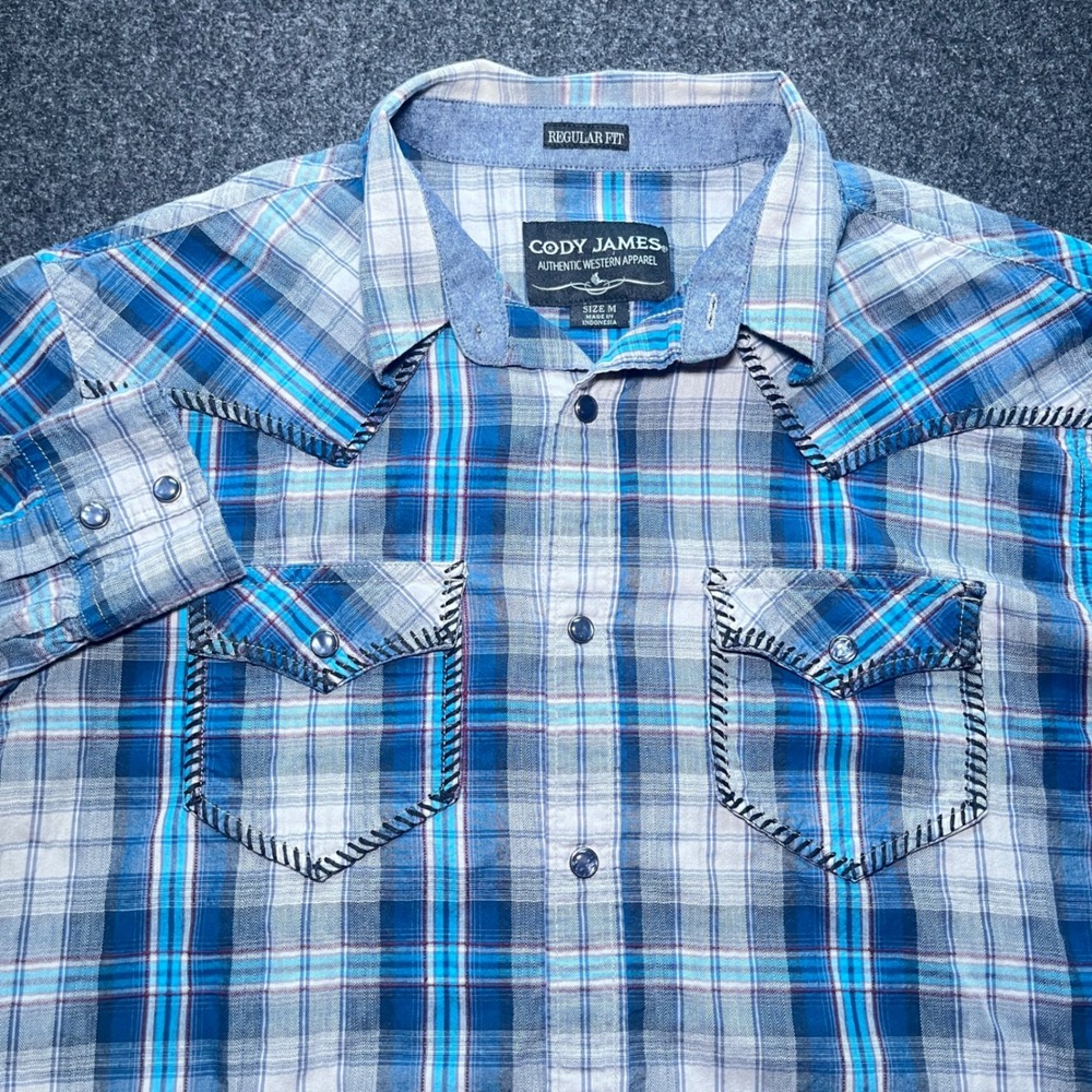 Cody James Western Shirt Mens M Blue Plaid Excellent Snap Whipstitch Regular Fit
